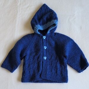 handmade vibrant royal blue knit baby cardigan sweater with hood 6-12 months